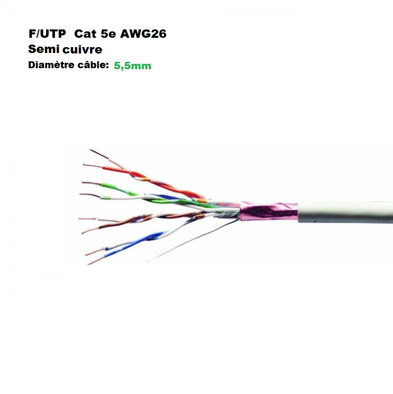 Câble economique F/UTP Cat. 5e AWG26 semi cuivre blindé 100M